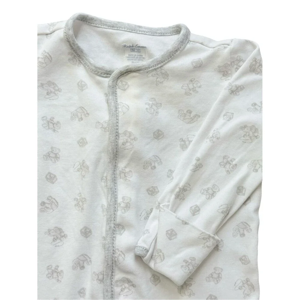 Ralph Lauren Baby Long Sleeve Cotton Bear Print One Piece Footie PJs. 9 Months.
